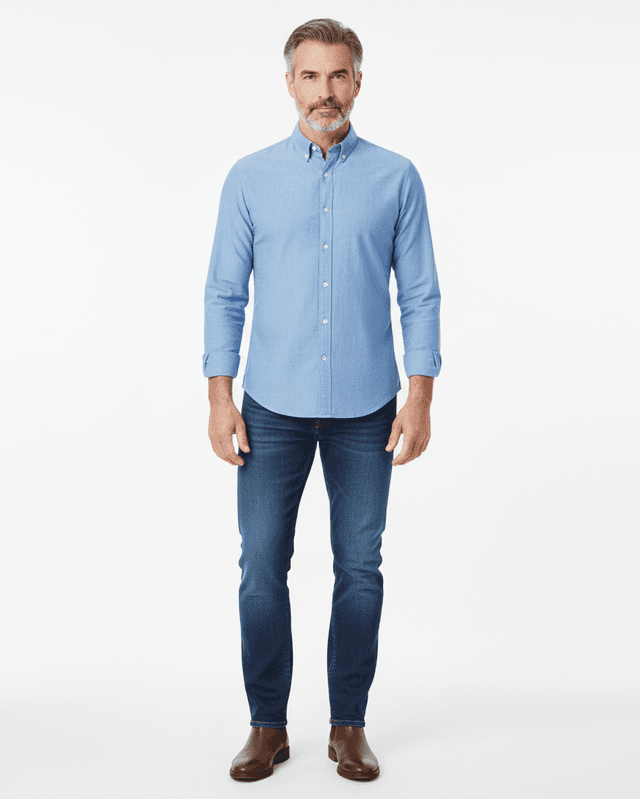 Male model in blue shirt