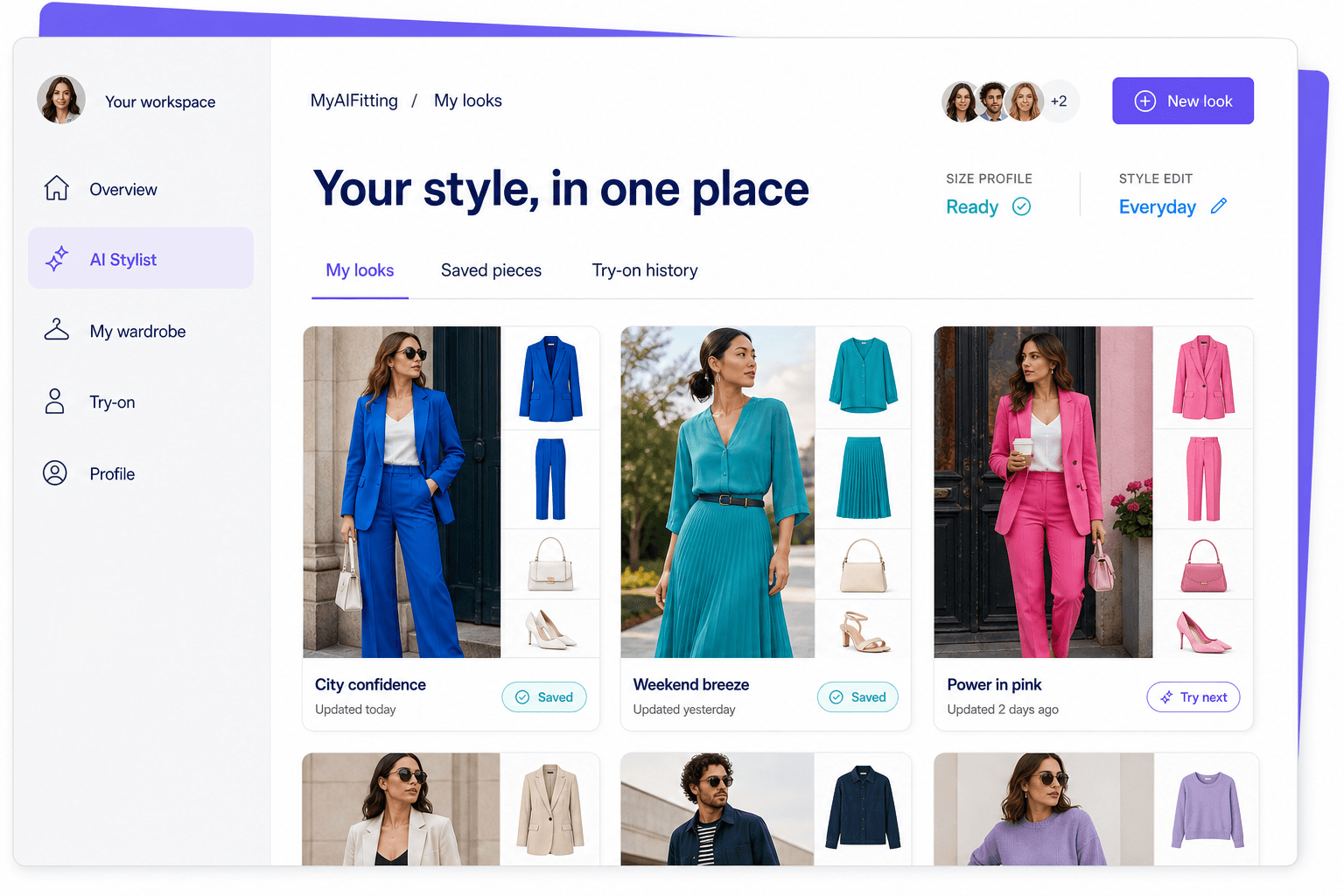 Illustrative MyAIFitting dashboard with a personal style workspace, wardrobe navigation, saved looks, and colorful outfit cards