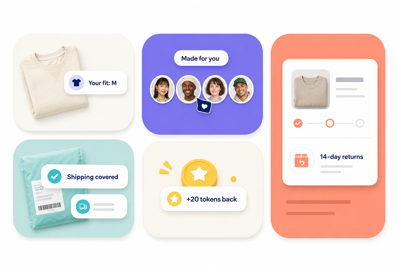 MyAIFitting interface illustrations showing size recommendations, shipping covered, token credit-back and 14-day returns